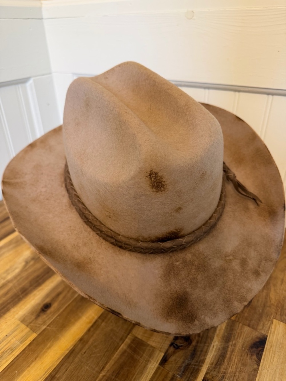 Distressed Cowboy Hat | Brown Wool Felt | Braided Leather | Large 7 3/8 - Picture 4 of 4